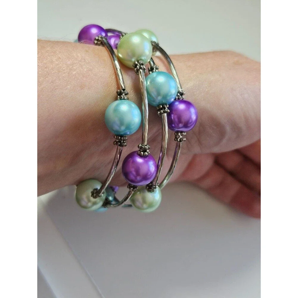 Pastel beaded wrap bracelet silver tone purple blue green